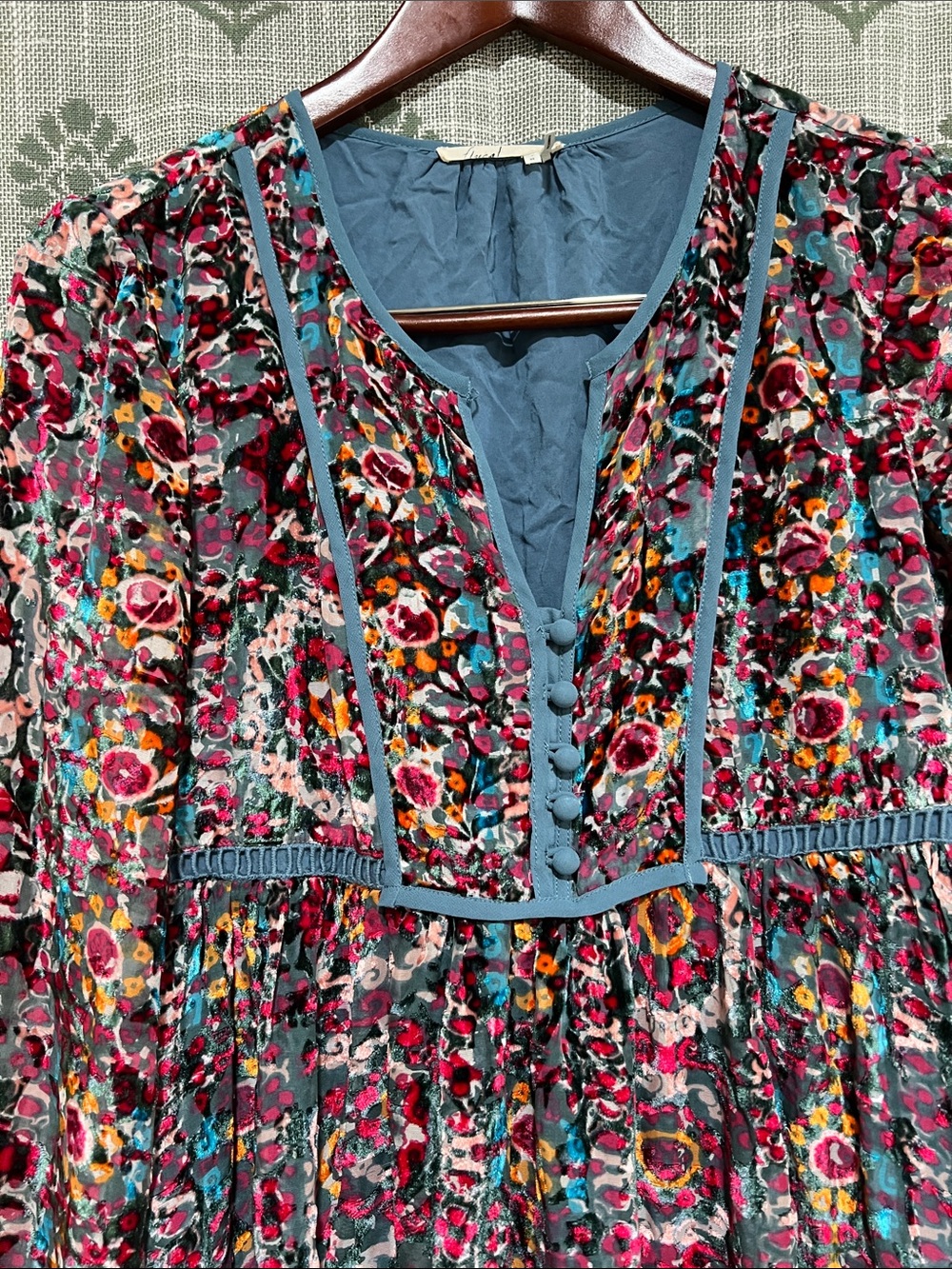 Floreat Teal Floral Velvet Burnout Long Sleeve Dress